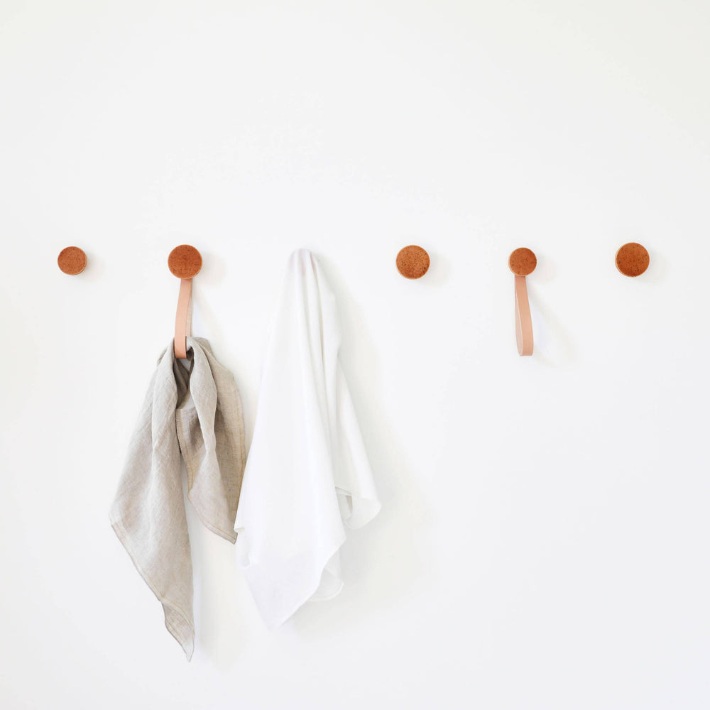 Round Beech Wood & Ceramic Wall Mounted Coat Hook / Hanger with Leather Strap - Terracotta Specks Home Decor 5mm Paper 