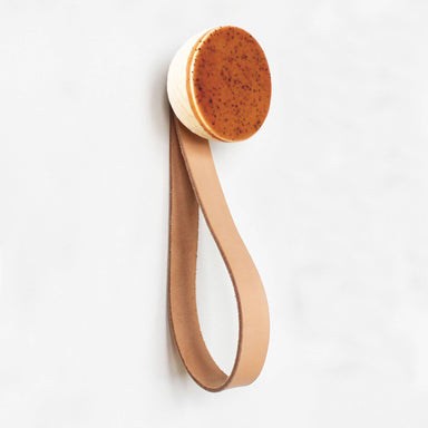 Round Beech Wood & Ceramic Wall Mounted Coat Hook / Hanger with Leather Strap - Terracotta Specks Home Decor 5mm Paper Diameter 6cm 