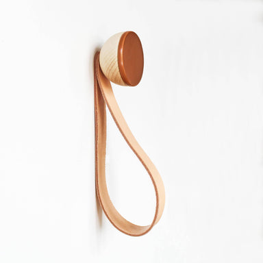 Round Beech Wood & Ceramic Wall Mounted Coat Hook / Hanger with Leather Strap - Dark Terracotta Home Decor 5mm Paper Diameter 5cm 