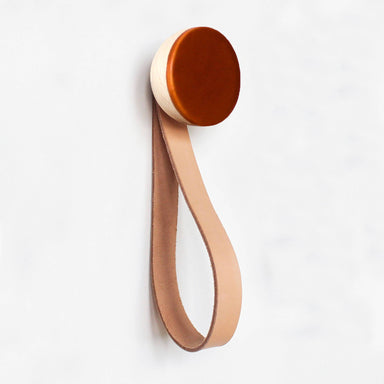 Round Beech Wood & Ceramic Wall Mounted Coat Hook / Hanger with Leather Strap - Dark Terracotta Home Decor 5mm Paper Diameter 6cm 