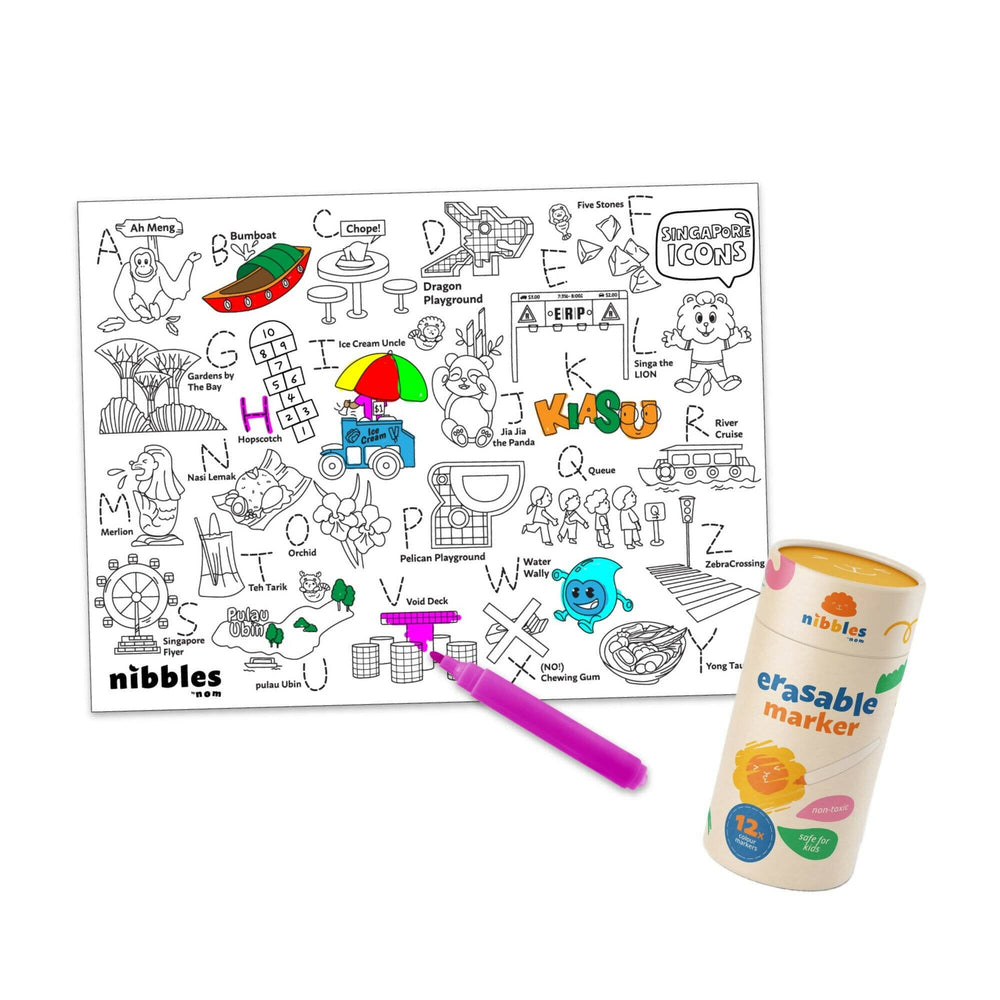 Nibbles by Nom Silicone Colouring Mat (Singapore Edition) Children Colouring Mats Nom.sg Mat + Marker Singapore Icons 