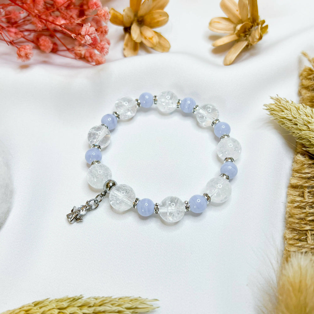 Blue Lace Agate x Frosted Quartz (S925 Mini Angel Charm) Crystal Bracelet Women's Bracelets Ameliorate Crystals 