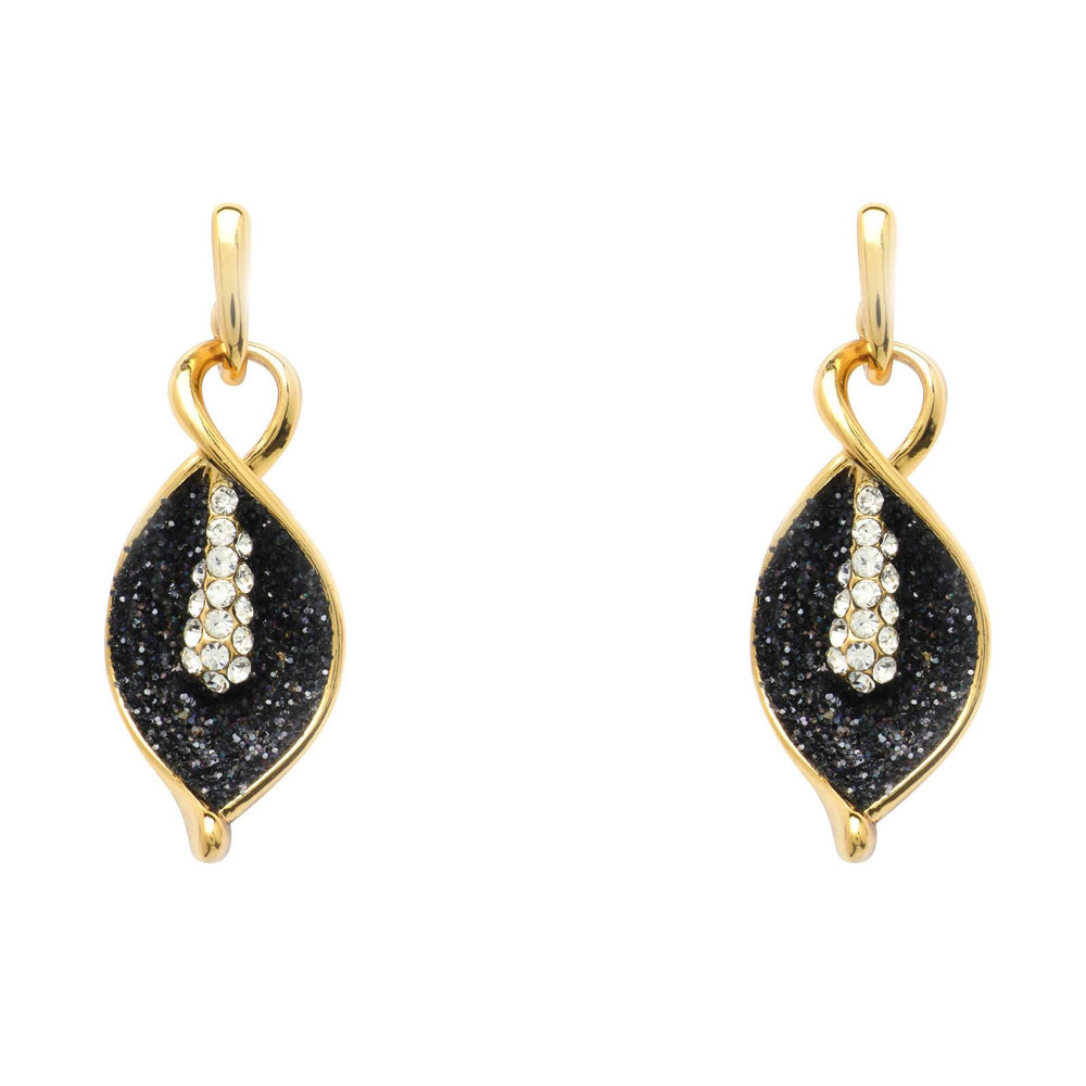 Feuille- Stunning Black Leaf Stud Earrings Pendants Forest Jewelry Yellow Gold Plating 