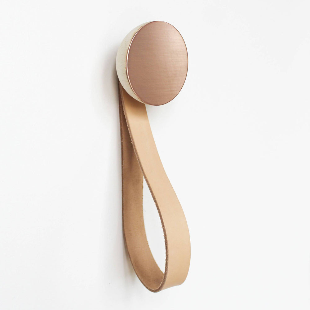 Round Beech Wood & Copper Wall Mounted Hook / Hanger with Leather Strap Home Decor 5mm Paper Diameter 6cm 
