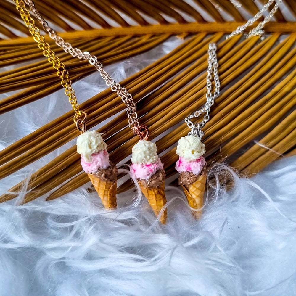 Triple Scoop Ice Cream Cone Pendant and Chain Necklace Necklaces TingCorner 
