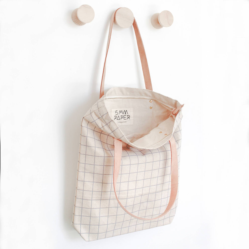 Cotton Canvas Tote Bag with Leather Straps - Ash Blue Grid Lines Tote Bags 5mm Paper 