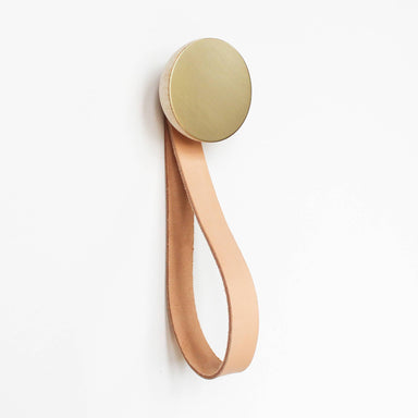 Round Beech Wood & Brass Wall Mounted Hook / Hanger with Leather Strap Home Decor 5mm Paper Diameter 6cm 
