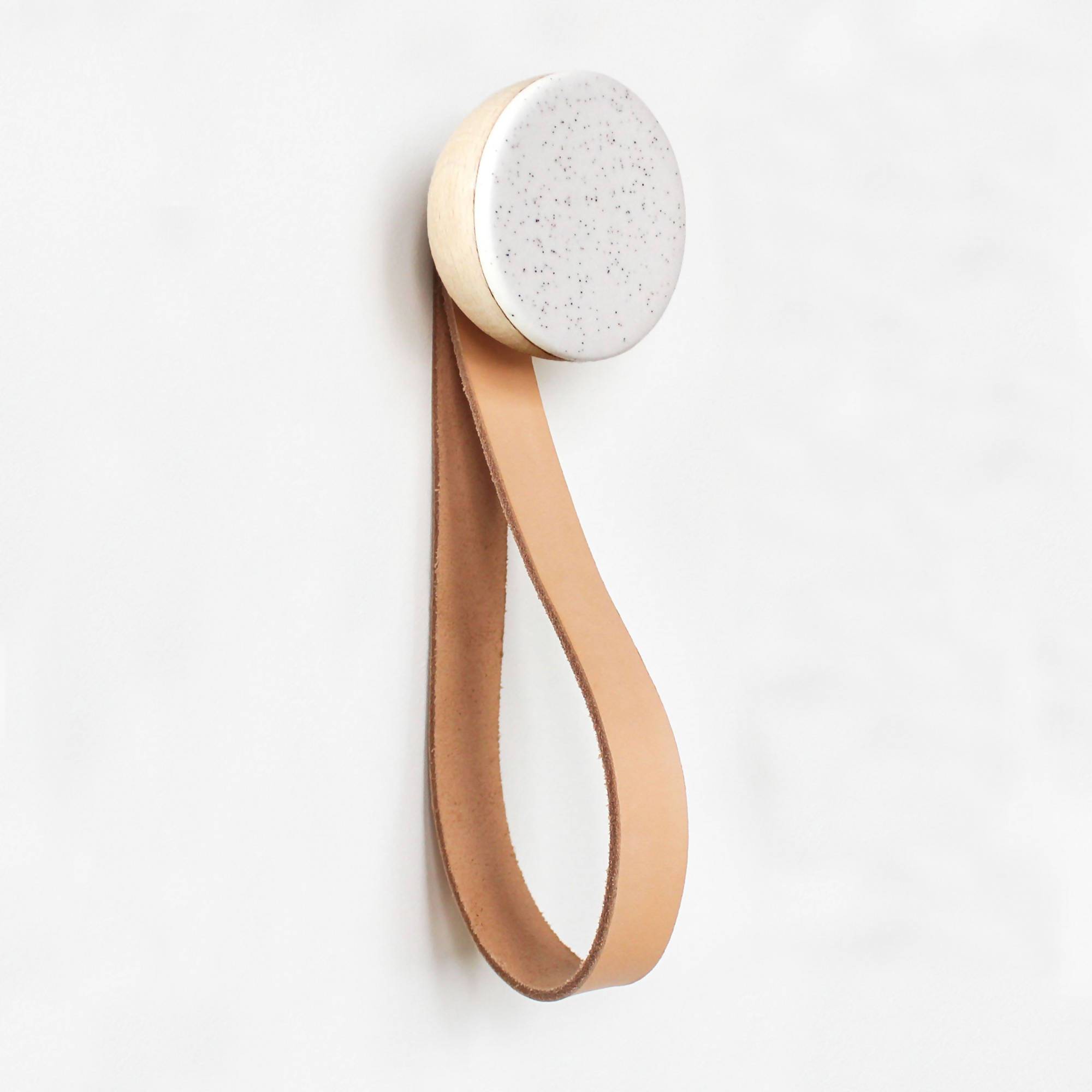 Round Beech Wood & Ceramic Wall Mounted Coat Hook / Hanger with Leather Strap - White Sand Home Decor 5mm Paper Diameter 6cm 