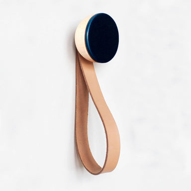Round Beech Wood & Ceramic Wall Mounted Coat Hook / Hanger with Leather Strap - Dark Blue Home Decor 5mm Paper Diameter 6cm 