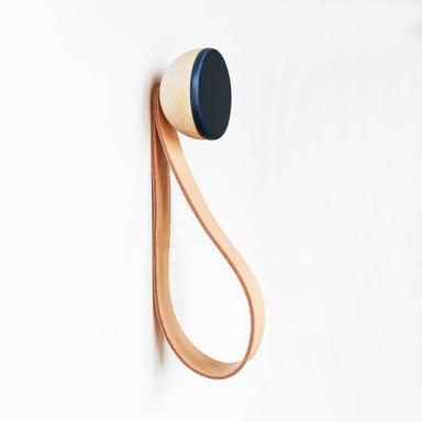 Round Beech Wood & Ceramic Wall Mounted Coat Hook / Hanger with Leather Strap - Dark Blue Home Decor 5mm Paper Diameter 5cm 