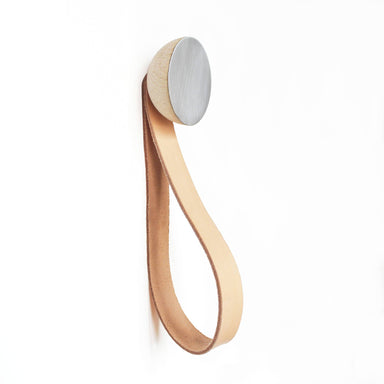 Round Beech Wood & Aluminium Wall Mounted Hook / Hanger with Leather Strap - Naiise