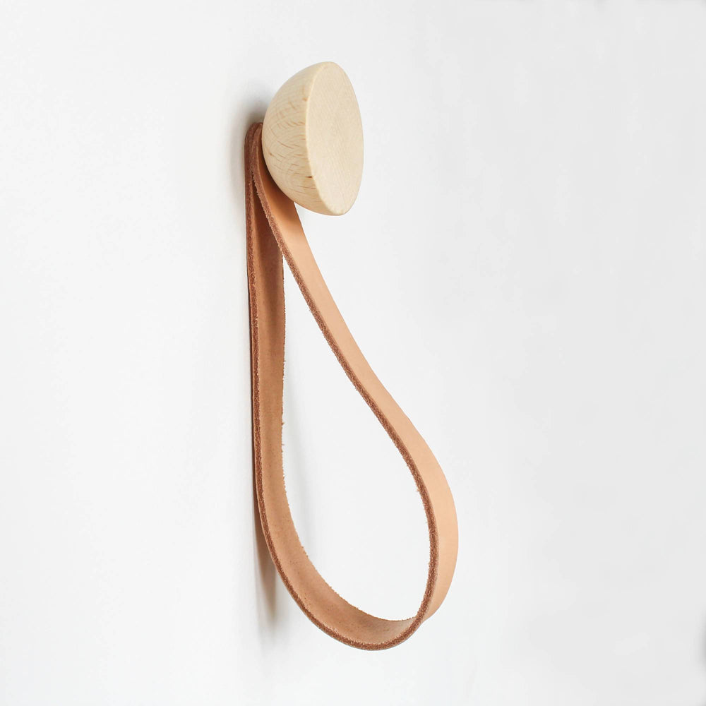 Round Beech Wood Wall Mounted Coat Hook / Hanger with Leather Strap Home Decor 5mm Paper Diameter 5cm 