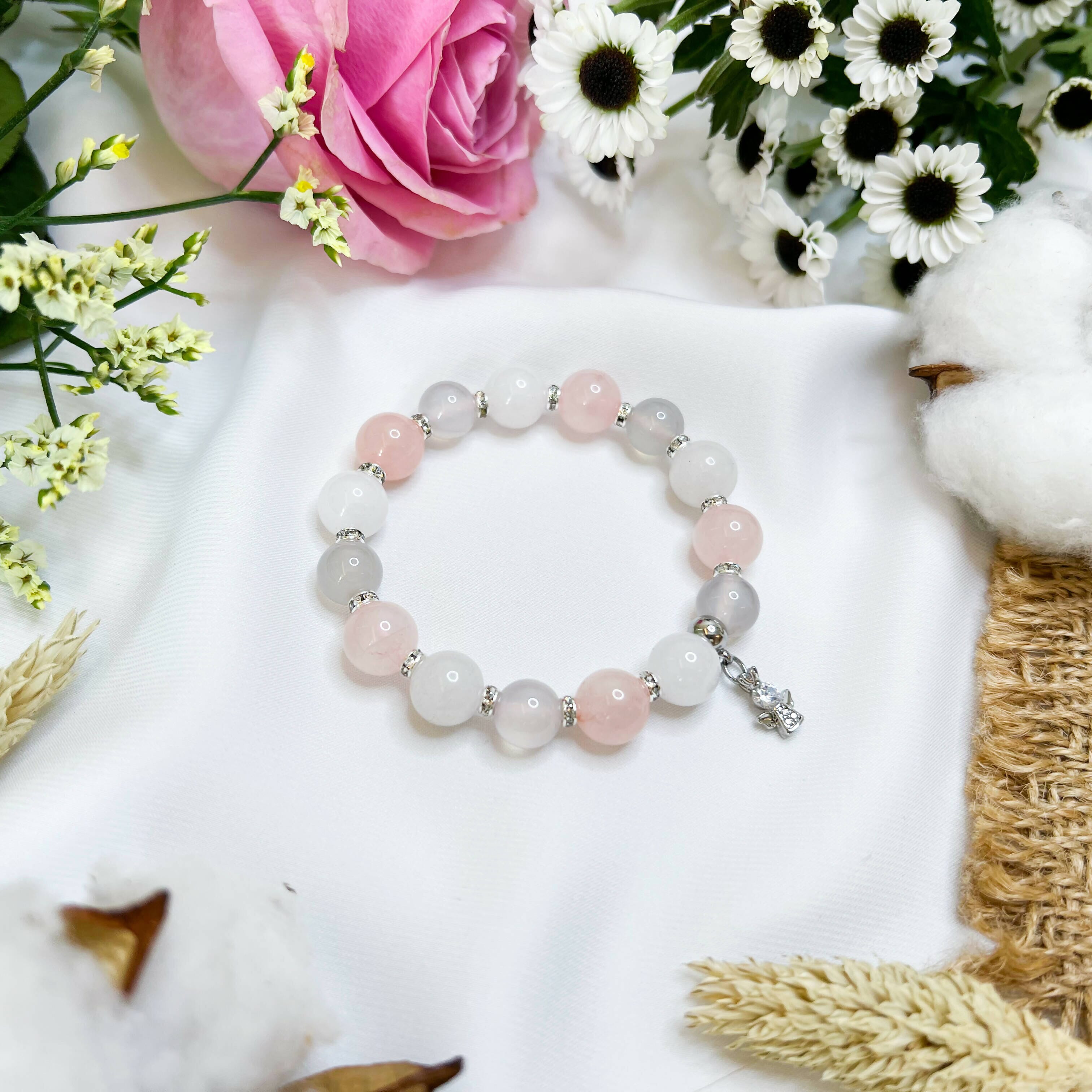 Pink Cherry Blossom w/ S925 Angel Charm (Rose Quartz, White Jade, Chalcedony) Women's Bracelets Ameliorate Crystals 