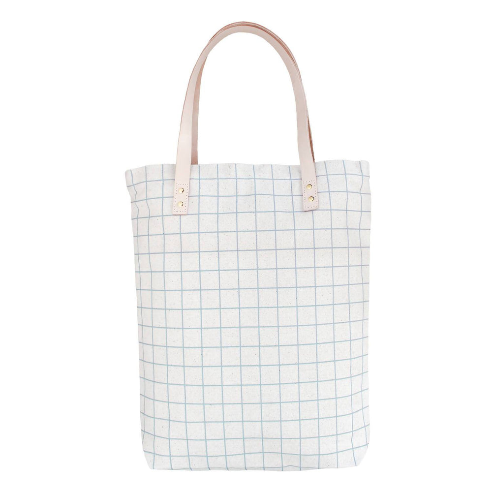 Cotton Canvas Tote Bag with Leather Straps - Ash Blue Grid Lines Tote Bags 5mm Paper 