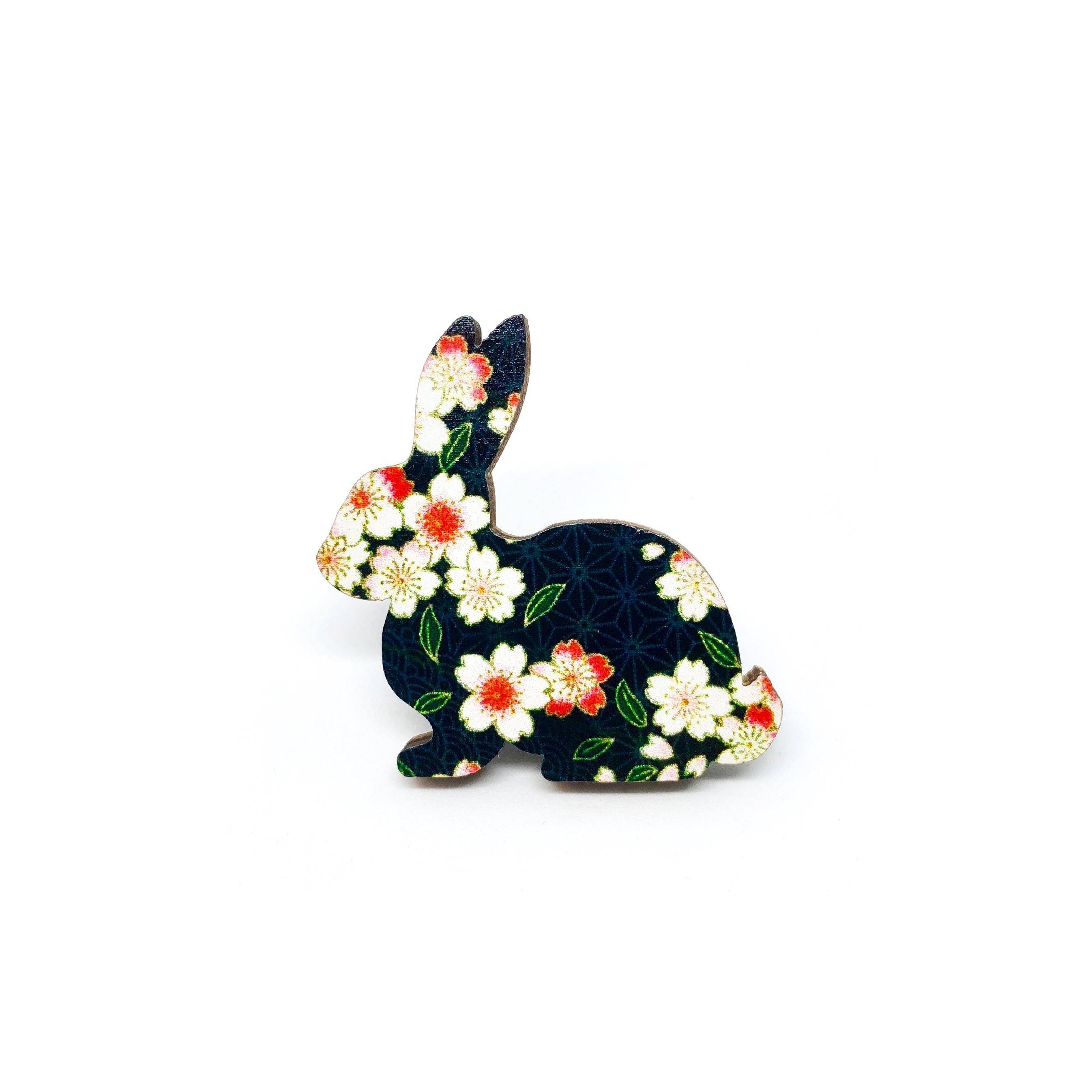 Black Floral Rabbit Wooden Brooch Pin - Brooches - Paperdaise Accessories - Naiise