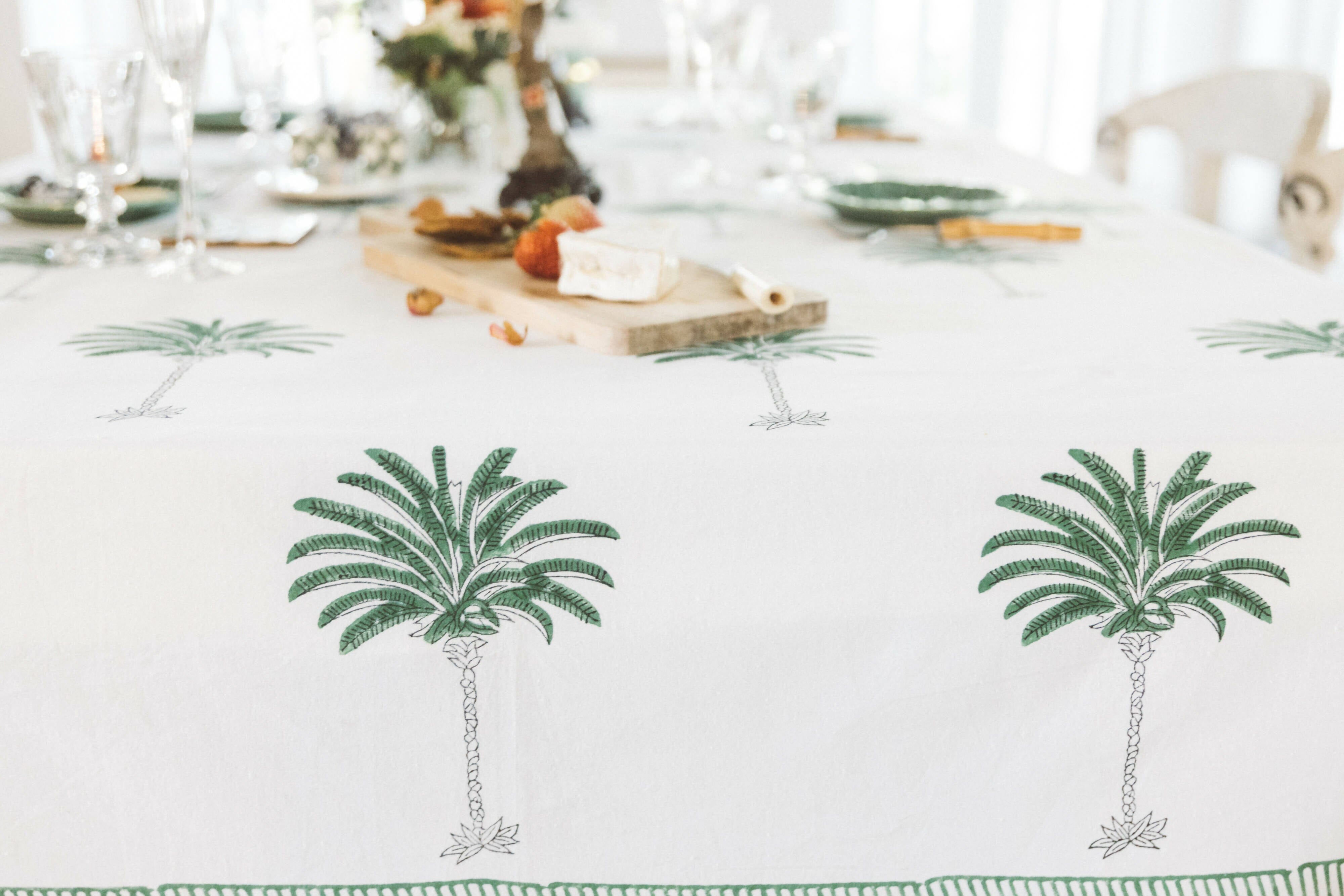 Hand block print table cloth - Green palm Tableware The House of Lili Green palm 150 x 225cm 