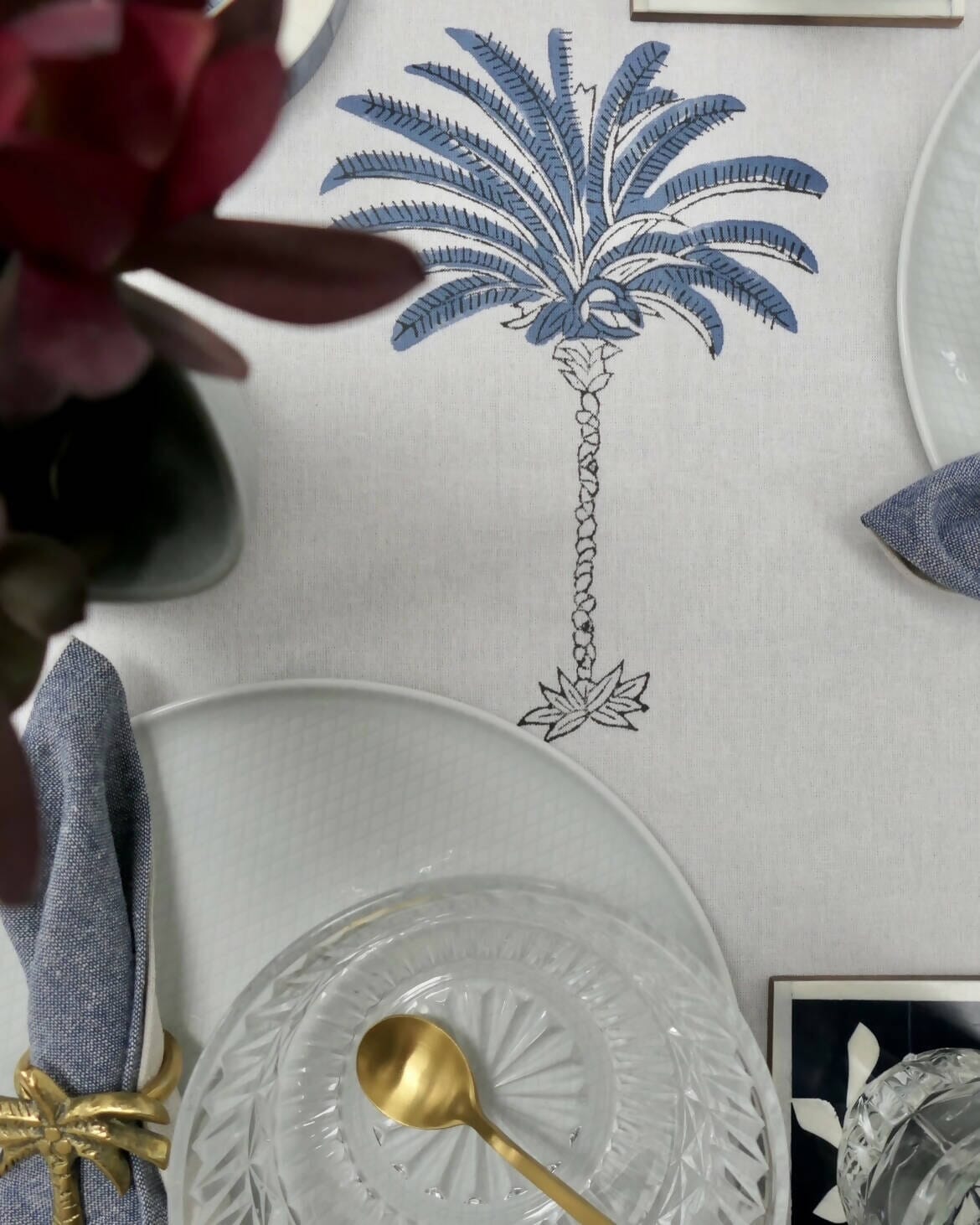 Hand block print table cloth - Blue palm Tableware The House of Lili Blue palm 150 x 225cm 