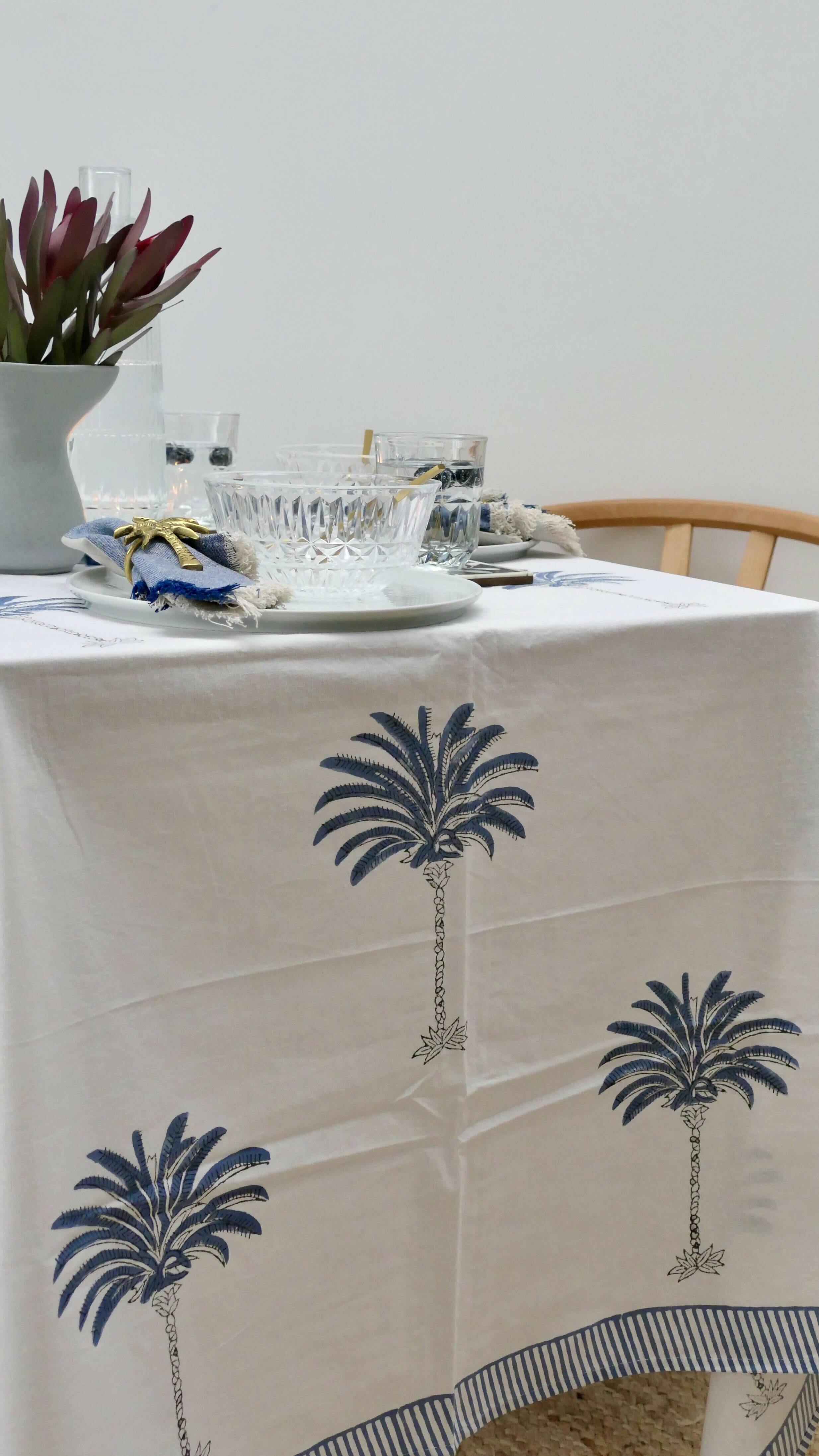 Hand block print table cloth - Blue palm Tableware The House of Lili 