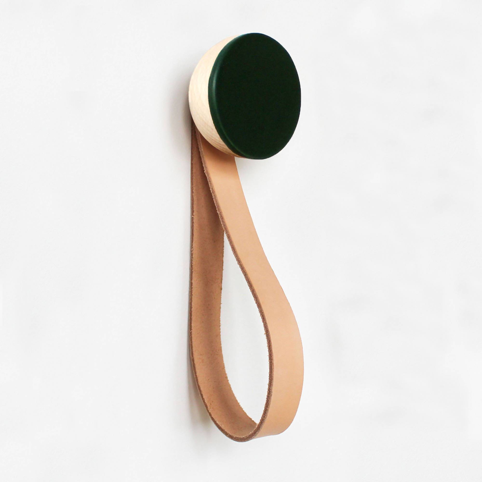 Round Beech Wood & Ceramic Wall Mounted Coat Hook / Hanger with Leather Strap - Dark Green Home Decor 5mm Paper Diameter 6cm 
