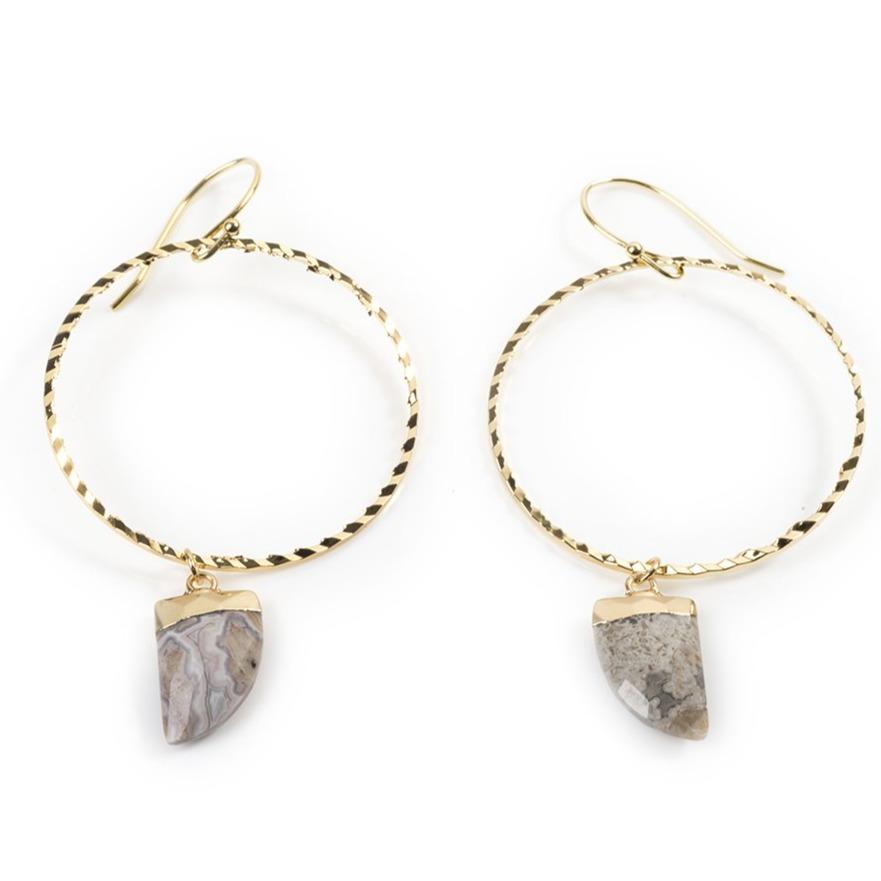 Mexican Grey Agate Yellow Gold Hoops Earrings Colour Addict Jewellery 