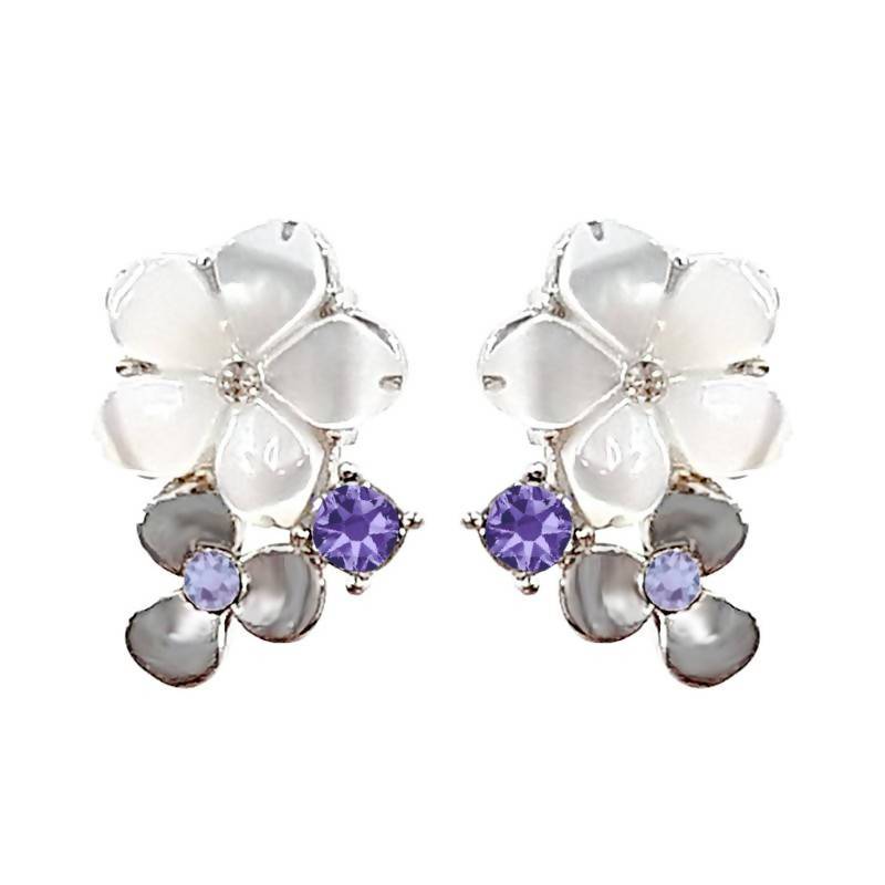 Jasmine Earrings with Petals made from Mother of Pearl Earring Studs Forest Jewelry Violet Rhodium Plating 