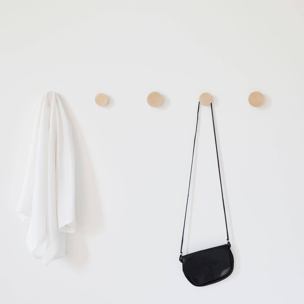 Round Beech Wood Wall Mounted Coat Hook / Hanger with Leather