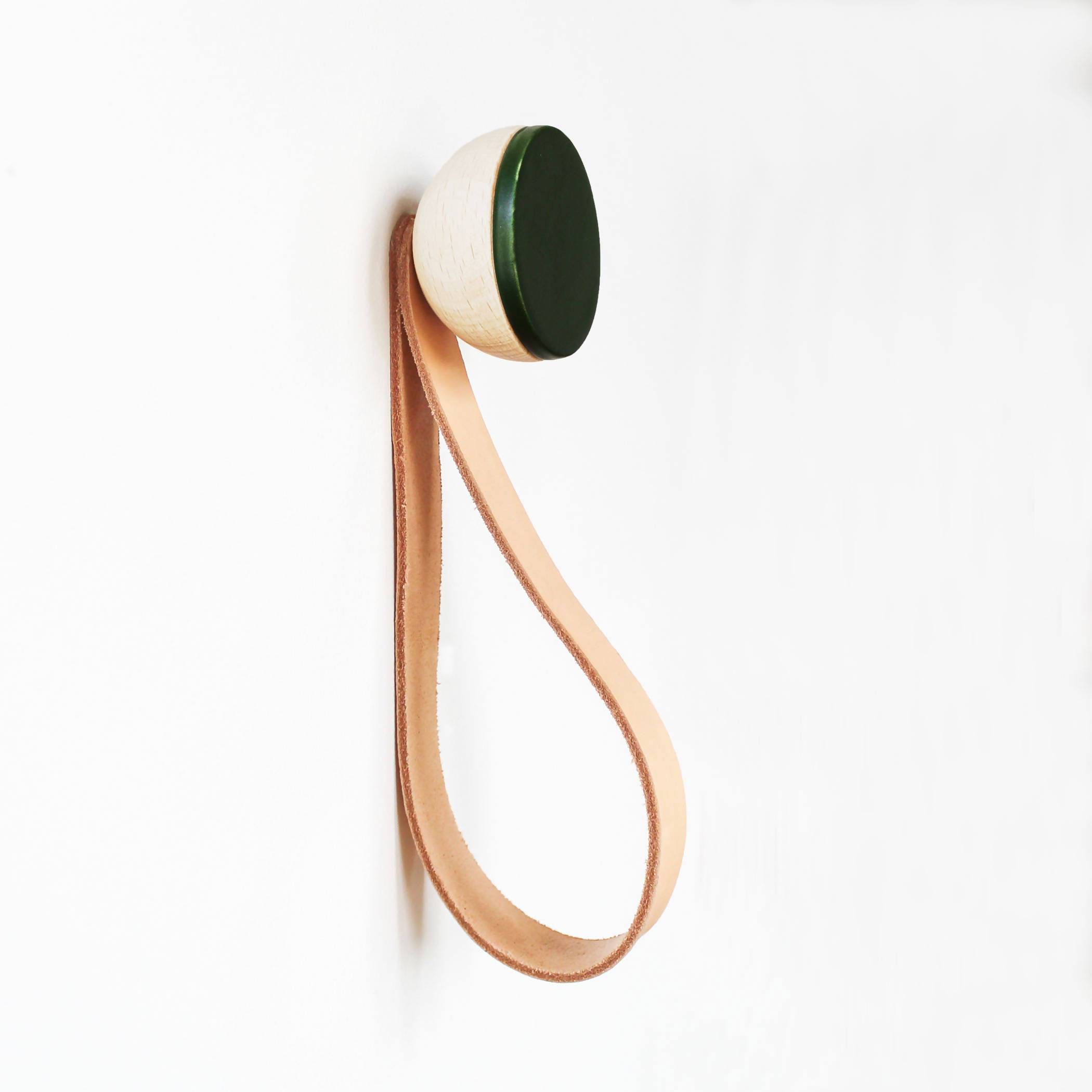 Round Beech Wood & Ceramic Wall Mounted Coat Hook / Hanger with Leather Strap - Dark Green Home Decor 5mm Paper Diameter 5cm 