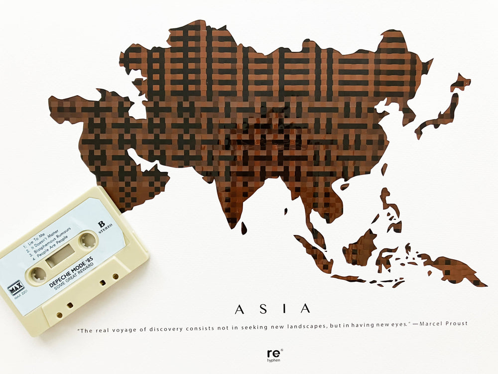 Asia map poster weaved of original Cassette tapes | Farewell gift colleague & boss gift | Office decor Maps Rehyphen 