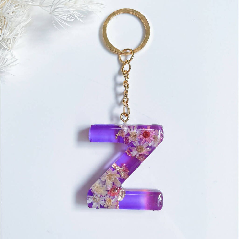 Letter Resin Flower Keychains Keychains redvelvetartz Violet Purple Gold Round Keychain ring Tassel Charm