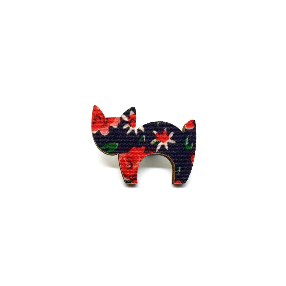 Red Floral Scaredy Cat Wooden Brooch - Brooches - Paperdaise Accessories - Naiise