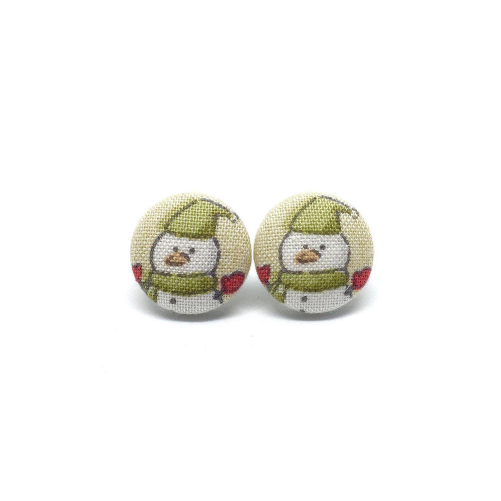 Snowman With Green Hat Handmade Fabric Button Christmas Earrings - Earrings - Paperdaise Accessories - Naiise