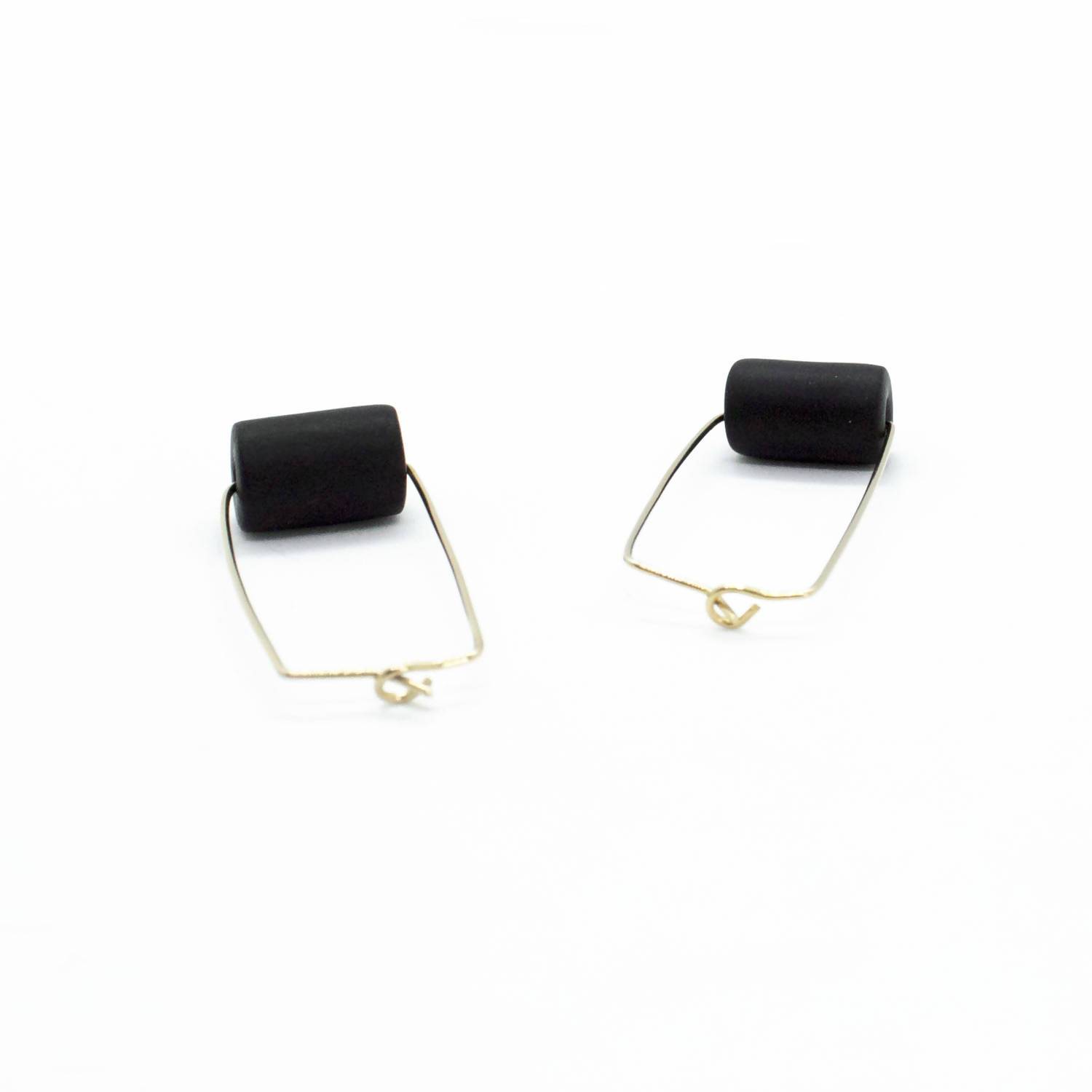 Gold Rectangle Earrings - Black Bead Earrings 5mm Paper 